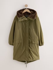 Khaki Green Parka with Animal Print Faux Fur Lining - Image 6 of 8