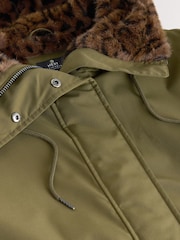 Khaki Green Parka with Animal Print Faux Fur Lining - Image 7 of 8