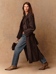 Chocolate Brown Faux Suede Trench Coat - Image 1 of 9