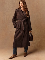 Chocolate Brown Faux Suede Trench Coat - Image 2 of 9