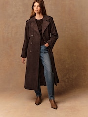 Chocolate Brown Faux Suede Trench Coat - Image 3 of 9