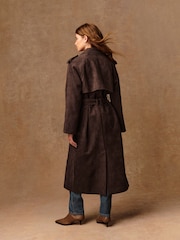 Chocolate Brown Faux Suede Trench Coat - Image 4 of 9