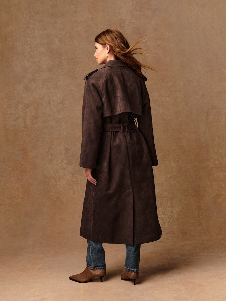 Chocolate Brown Faux Suede Trench Coat - Image 4 of 9