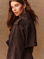 Chocolate Brown Faux Suede Trench Coat - Image 5 of 9