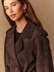 Chocolate Brown Faux Suede Trench Coat - Image 6 of 9