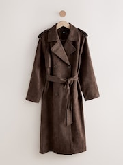 Chocolate Brown Faux Suede Trench Coat - Image 7 of 9