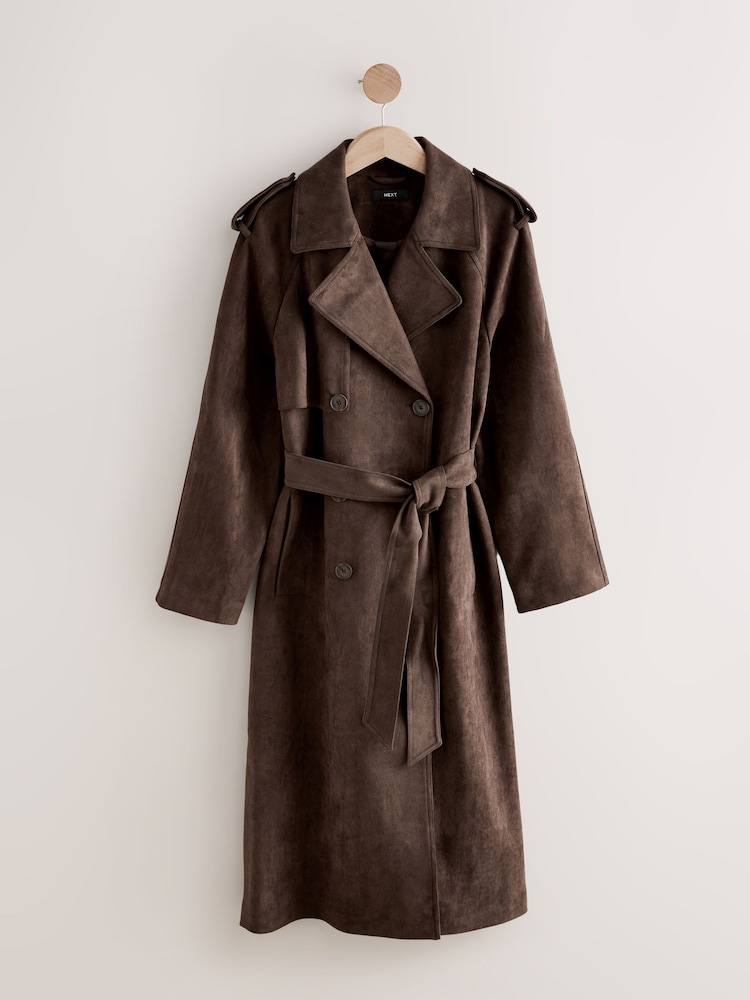 Chocolate Brown Faux Suede Trench Coat - Image 7 of 9