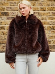 Chocolate Brown Faux Fur Zip Through Jacket - Image 1 of 9