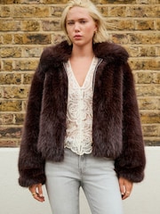 Chocolate Brown Faux Fur Zip Through Jacket - Image 4 of 9