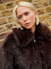 Chocolate Brown Faux Fur Zip Through Jacket - Image 6 of 9