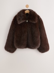 Chocolate Brown Faux Fur Zip Through Jacket - Image 7 of 9