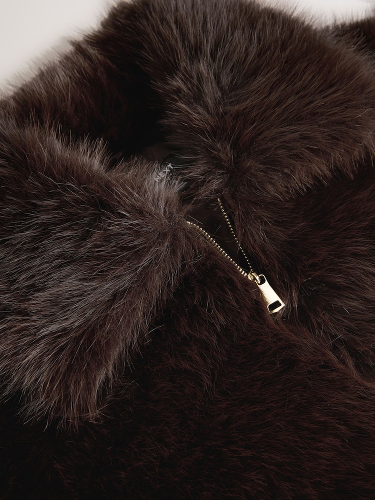 Chocolate Brown Faux Fur Zip Through Jacket - Image 9 of 9