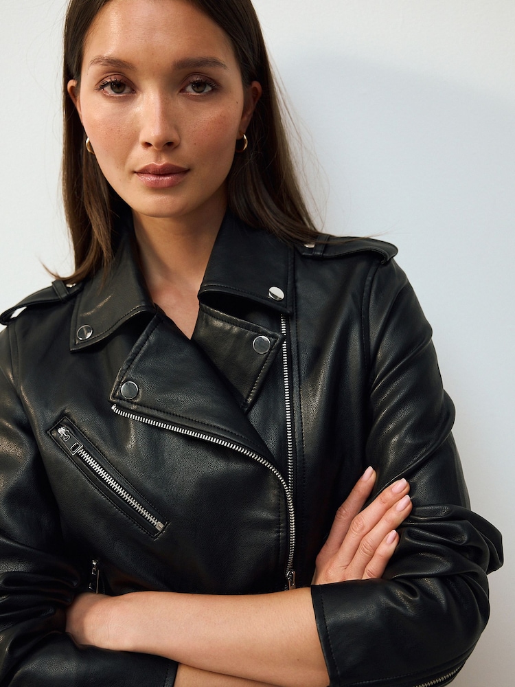 Black Faux Leather Biker Jacket - Image 1 of 11 Black Faux Leather Biker Jacket - Image 1 of 11