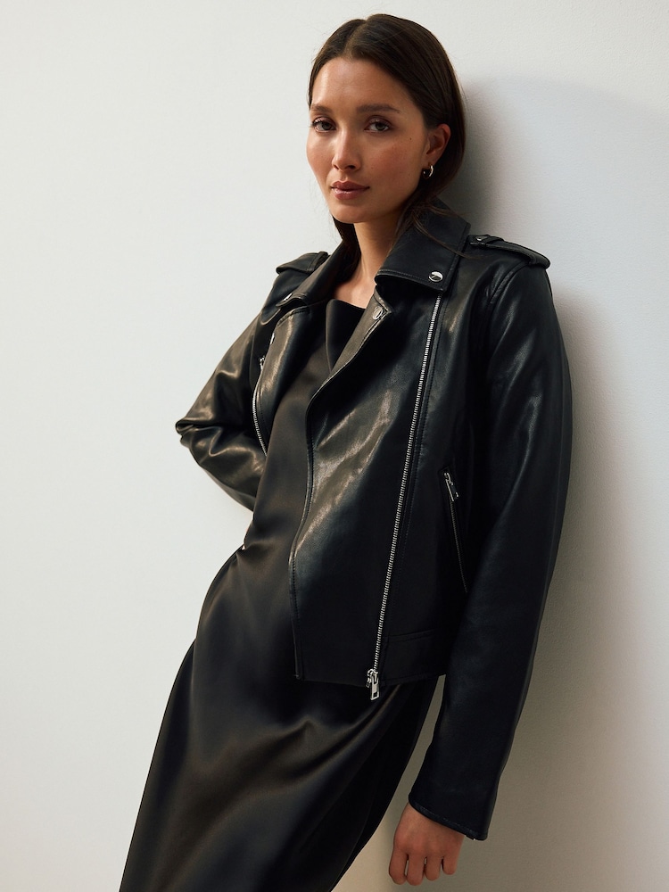 Womens Next Black Faux Leather Biker Jacket US 14 R