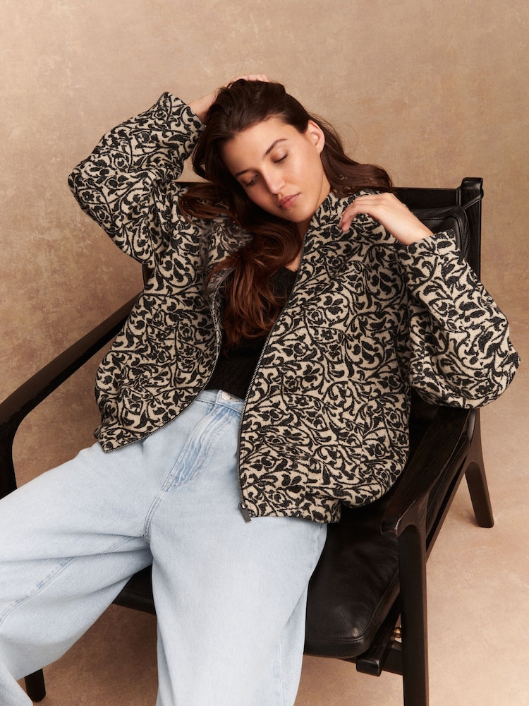 Monochrome Patterned Bomber Jacket - Image 1 of 8 Monochrome Patterned Bomber Jacket - Image 1 of 8
