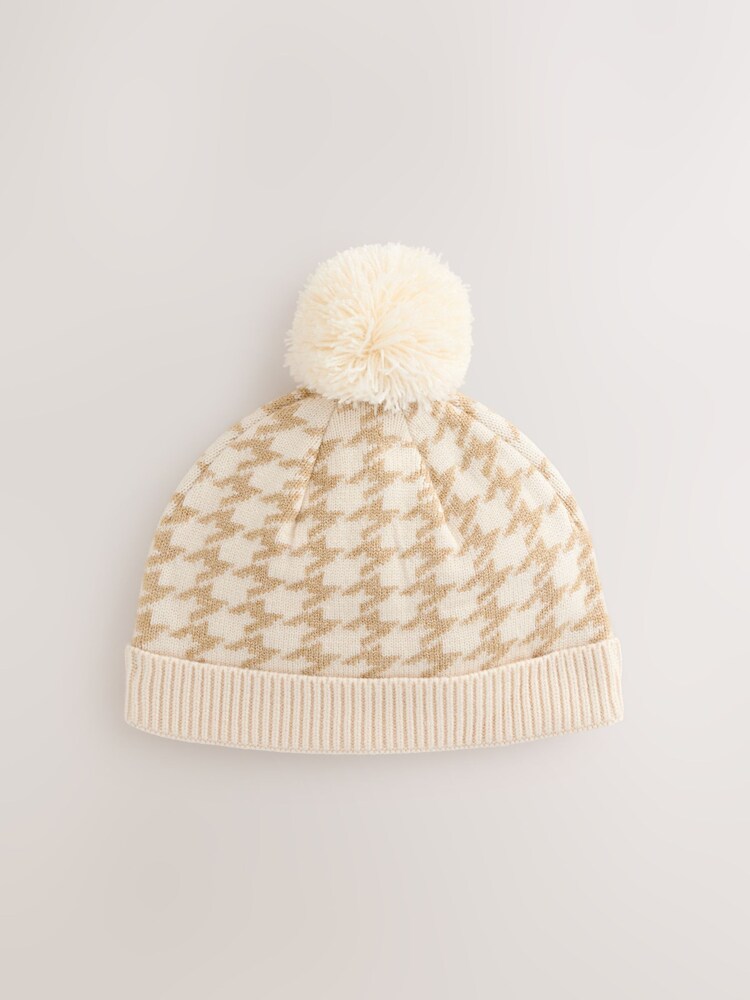 Neutral Dogtooth Knitted Pom Baby Beanie Hat - Image 1 of 3