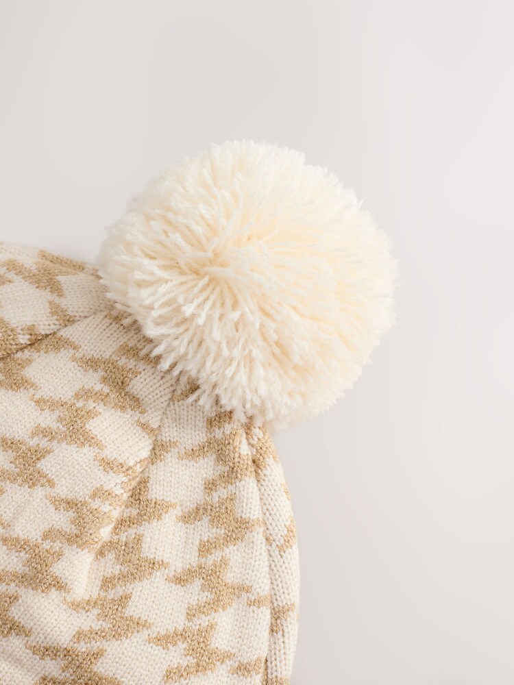 Neutral Dogtooth Knitted Pom Baby Beanie Hat - Image 2 of 3