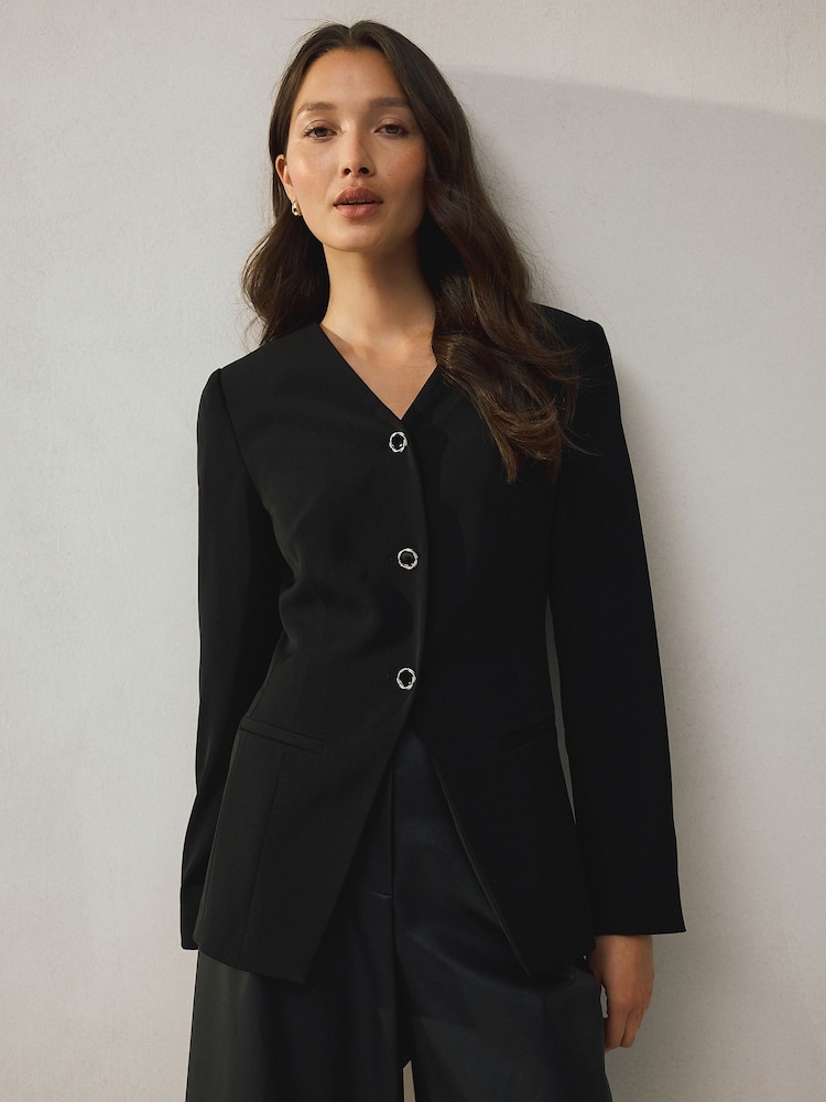 Black Collarless V-Neck Blazer - Image 1 of 8