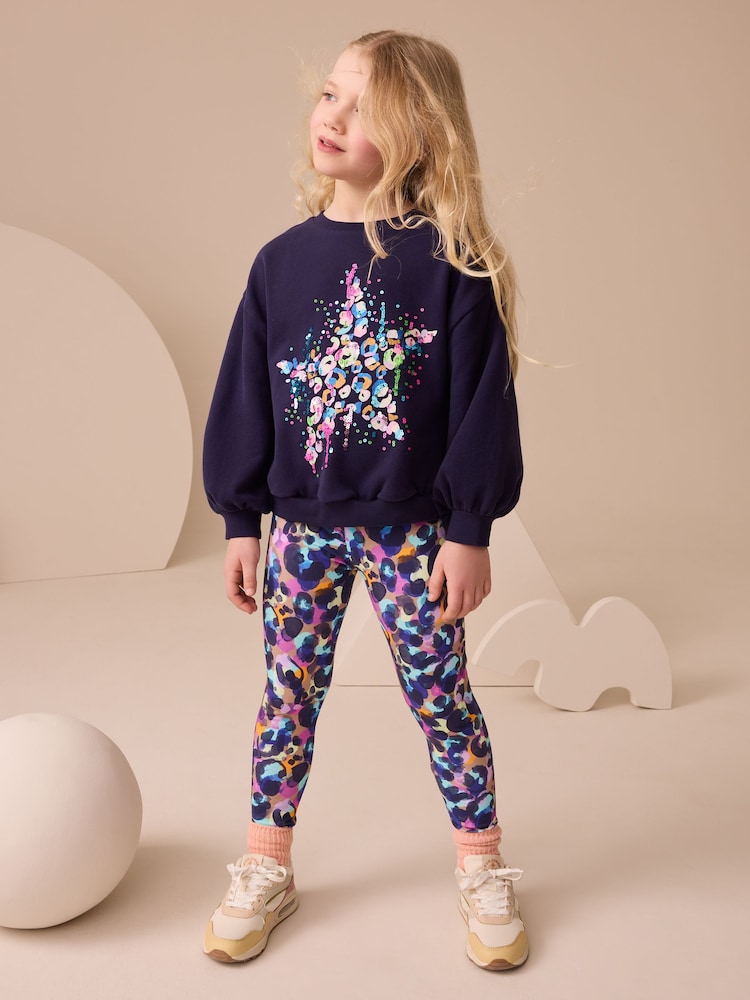 Navy Sequin Star Sweatshirt And Leggings Set (3-16yrs) - Image 1 of 4