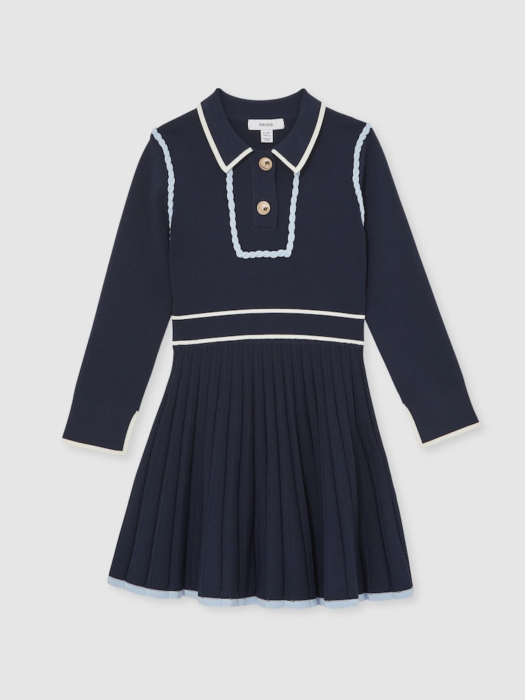Reiss Navy Freya 3-9 yrs Piped Knitted Skater Dress - Image 1 of 4