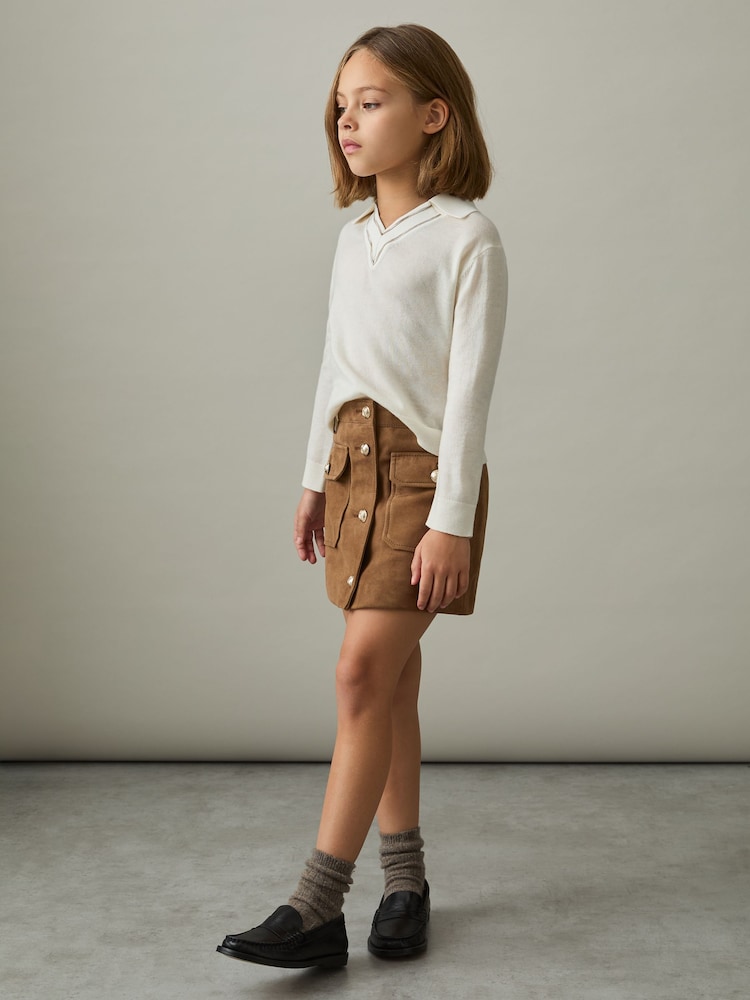 Reiss Tan Connie 4-9 yrs Suede Flap Pocket Skirt - Image 1 of 4