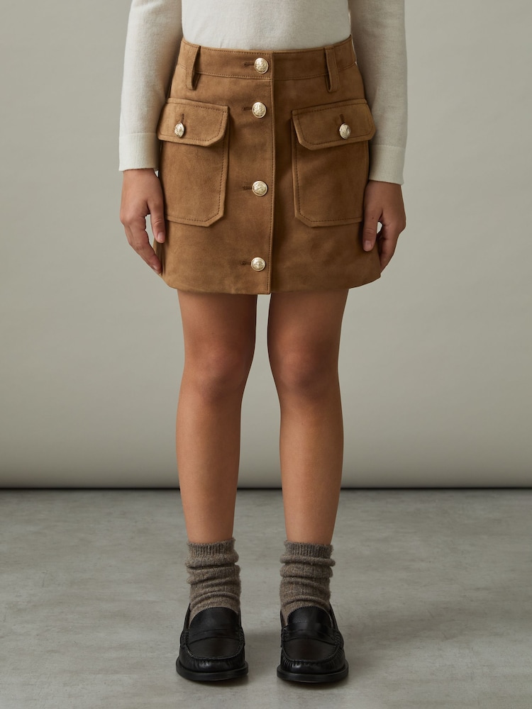 Reiss Tan Connie 9-13 yrs Suede Flap Pocket Skirt - Image 1 of 4