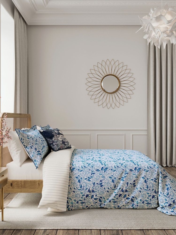 V&A Indigo Ornamental Bloom 100% Cotton Duvet Cover and Pillowcase Set - Image 1 of 4