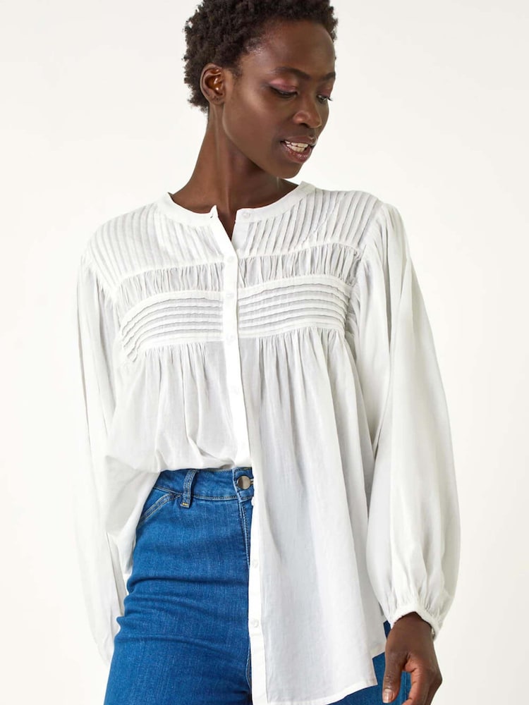 Roman White Pleat Detail Button Through 100% Cotton Blouse - Image 1 of 5