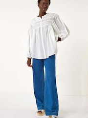 Roman White Pleat Detail Button Through 100% Cotton Blouse - Image 2 of 5