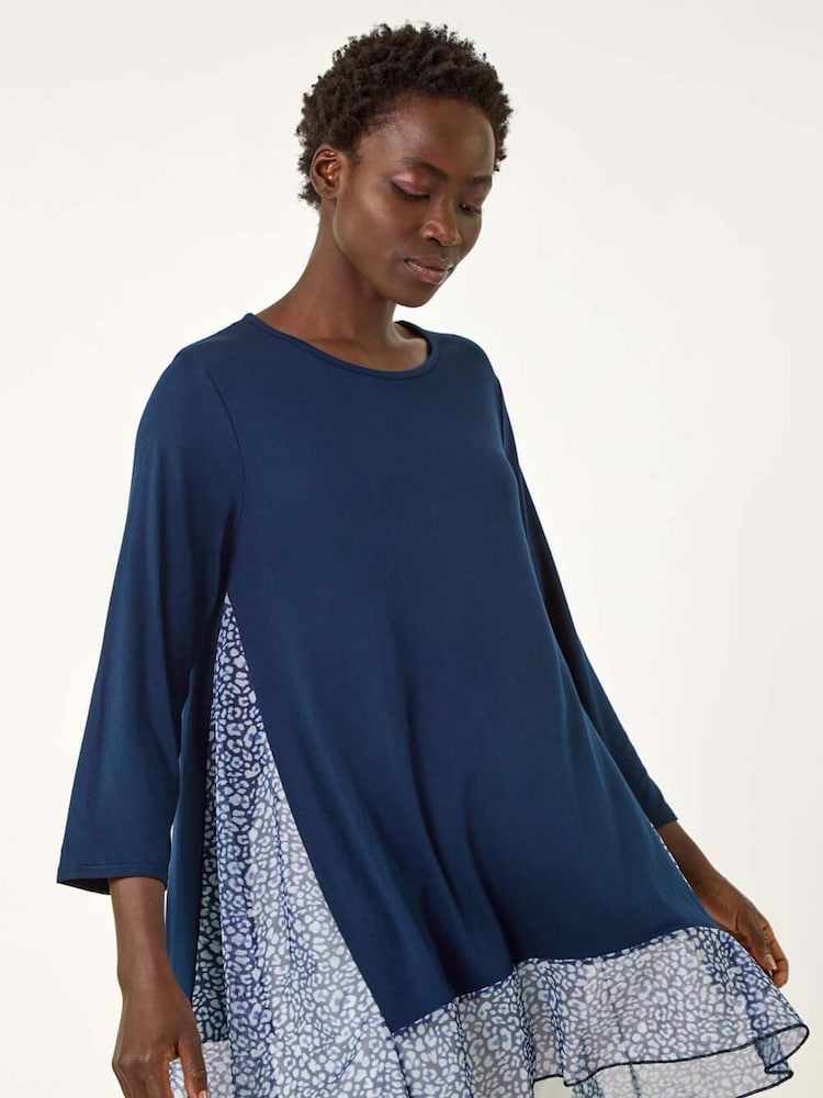 Blau - Roman Stretch-Top mit Animal Print und kontrastierendem Mesh-Saum - Bild 1 von 5