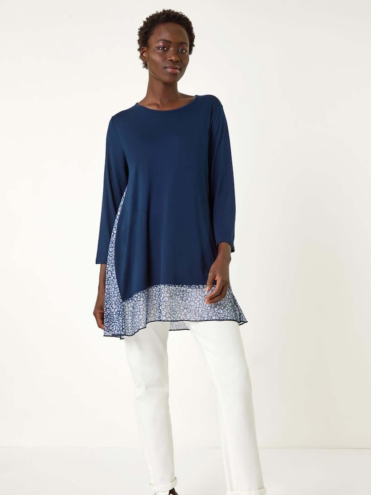 Roman Blue Animal Print Contrast Mesh Hem Stretch Top - Image 2 of 5 Roman Blue Animal Print Contrast Mesh Hem Stretch Top - Image 2 of 5