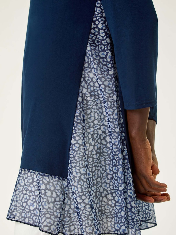 Roman Blue Animal Print Contrast Mesh Hem Stretch Top - Image 5 of 5 Roman Blue Animal Print Contrast Mesh Hem Stretch Top - Image 5 of 5