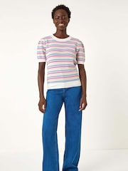 Roman Pink Scallop Edge Stripe Knit Top - Image 2 of 5