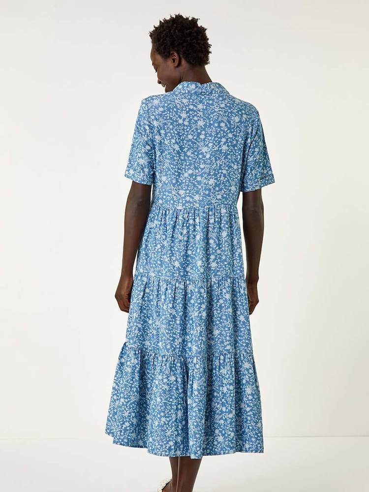 Roman Blue Floral Print Denim Smock Dress - Image 2 of 5