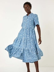 Roman Blue Floral Print Denim Smock Dress - Image 3 of 5