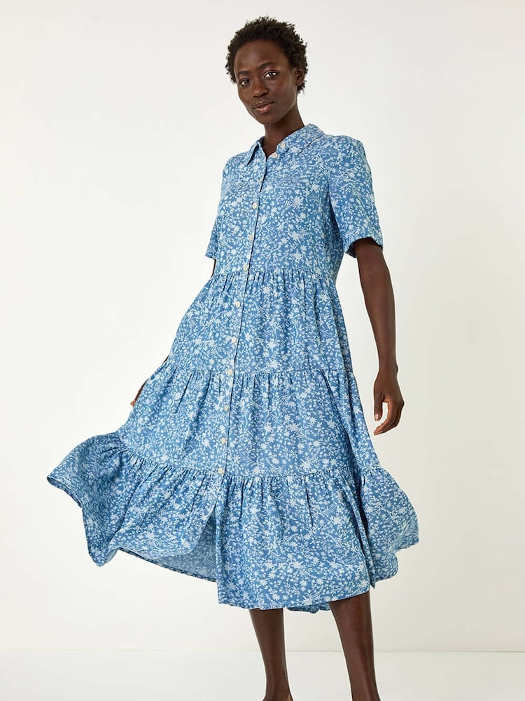 Roman Blue Floral Print Denim Smock Dress - Image 3 of 5