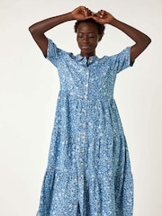 Roman Blue Floral Print Denim Smock Dress - Image 4 of 5