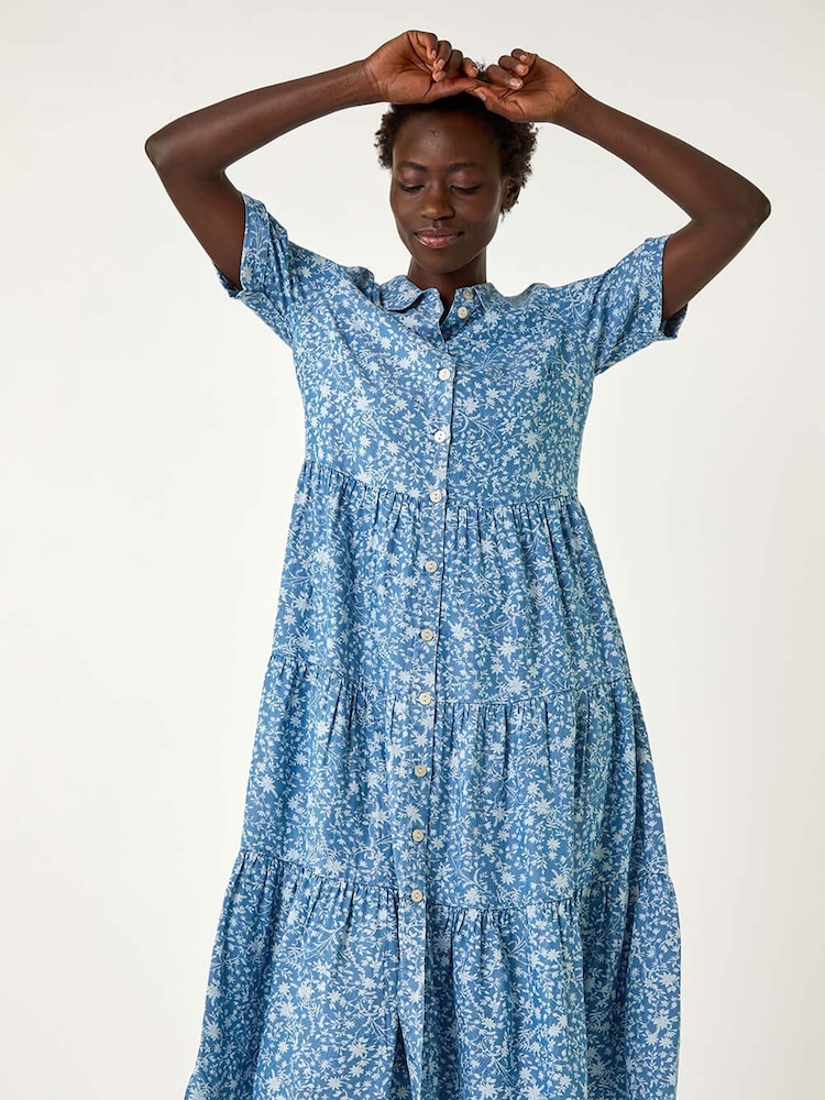 Roman Blue Floral Print Denim Smock Dress - Image 4 of 5