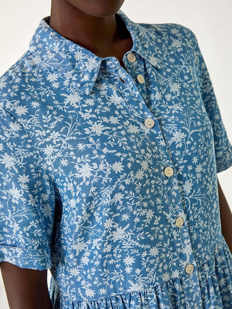 Roman Blue Floral Print Denim Smock Dress - Image 5 of 5