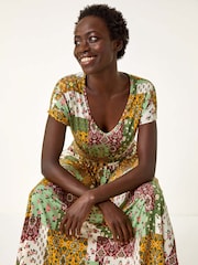 Roman Green Patchwork Shirred Maxi Dress - Image 1 of 5