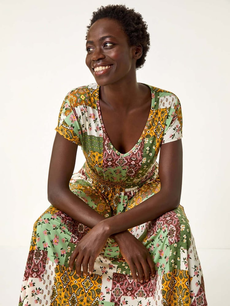 Roman Green Patchwork Shirred Maxi Dress - Image 1 of 5