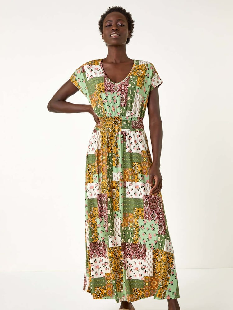 Roman Green Patchwork Shirred Maxi Dress - Image 2 of 5