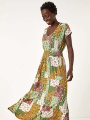 Roman Green Patchwork Shirred Maxi Dress - Image 4 of 5