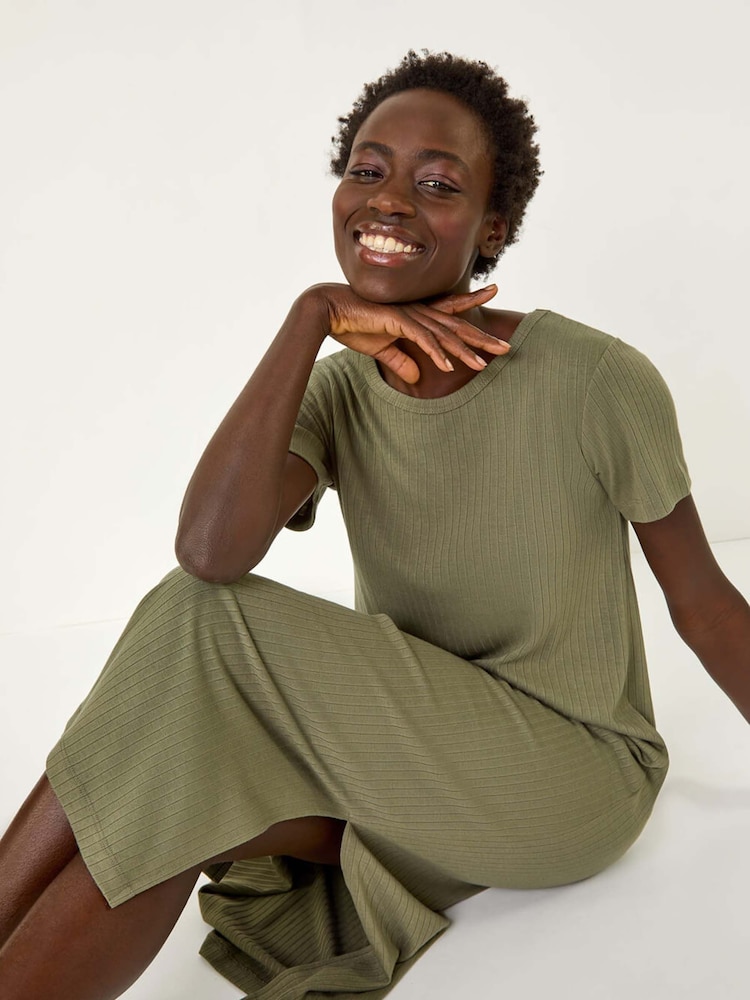 Roman Green Ribbed Stretch Midi Dress - Image 1 of 5