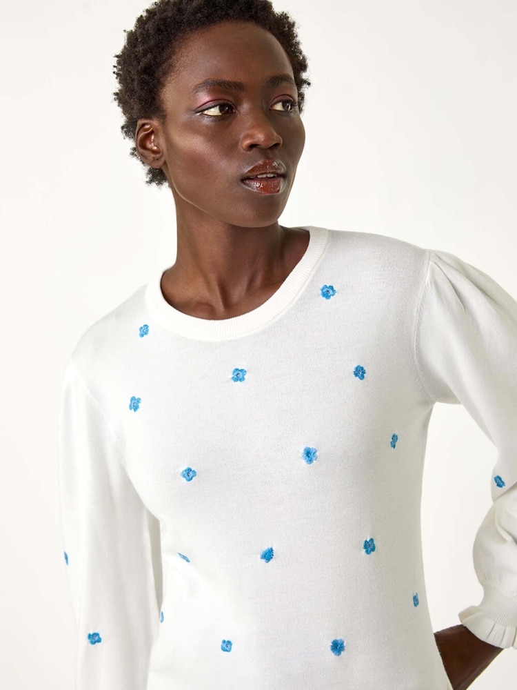 Roman White Floral Embroidery Knit Top - Image 1 of 5