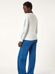 Roman White Floral Embroidery Knit Top - Image 3 of 5