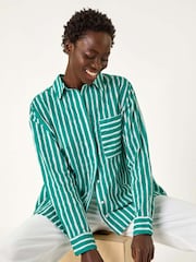 Roman Green 100% Cotton Linear Print V-Neck Button Shirt - Image 1 of 5