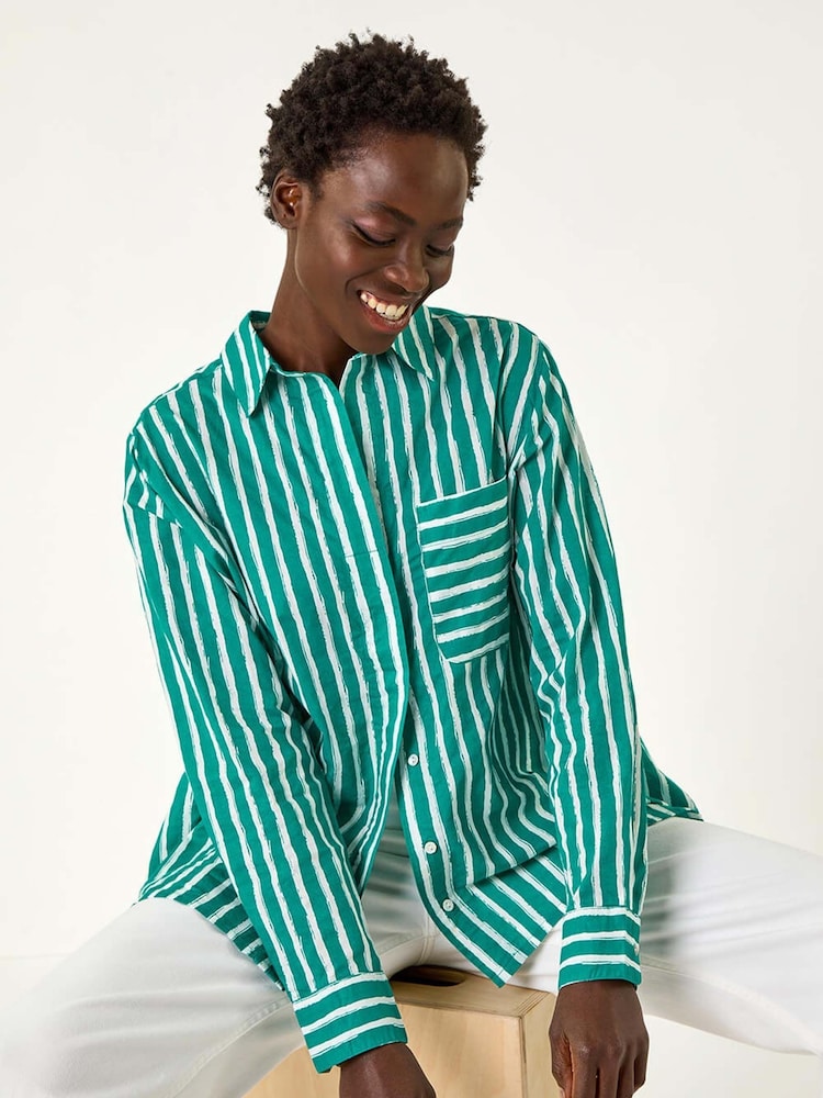 Roman Green 100% Cotton Linear Print V-Neck Button Shirt - Image 1 of 5