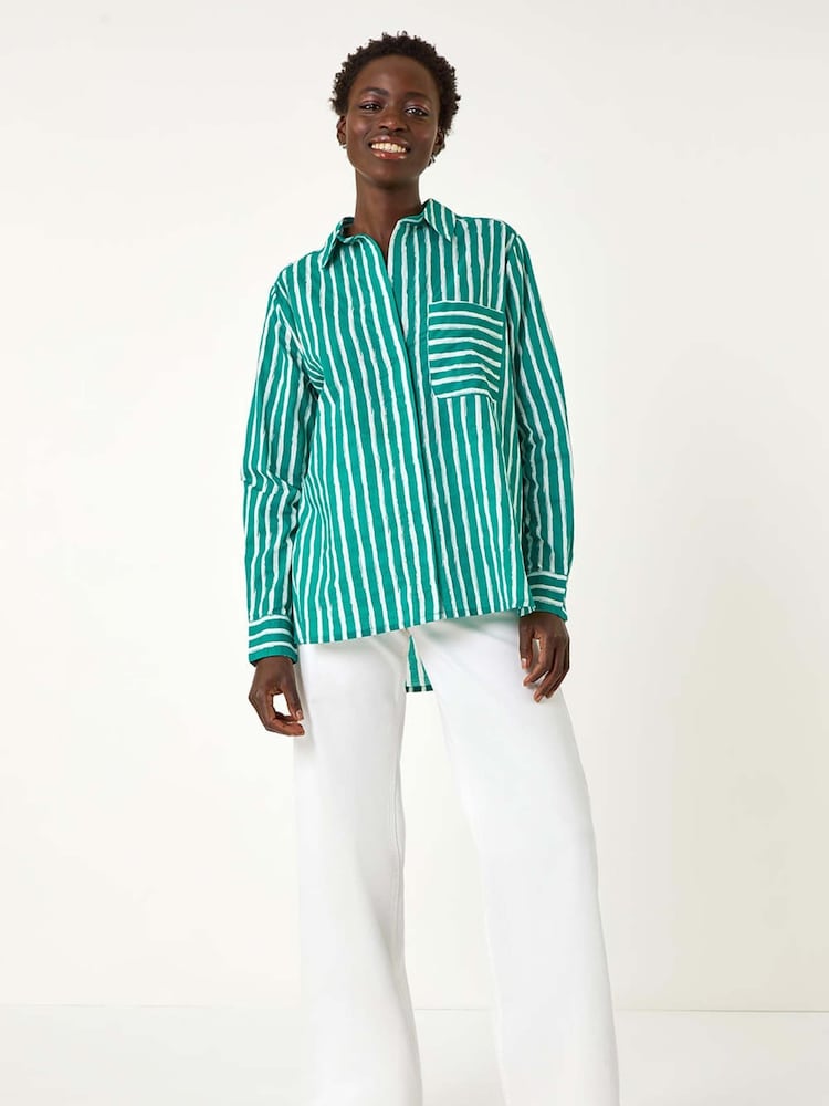 Roman Green 100% Cotton Linear Print V-Neck Button Shirt - Image 2 of 5