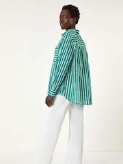 Roman Green 100% Cotton Linear Print V-Neck Button Shirt - Image 3 of 5